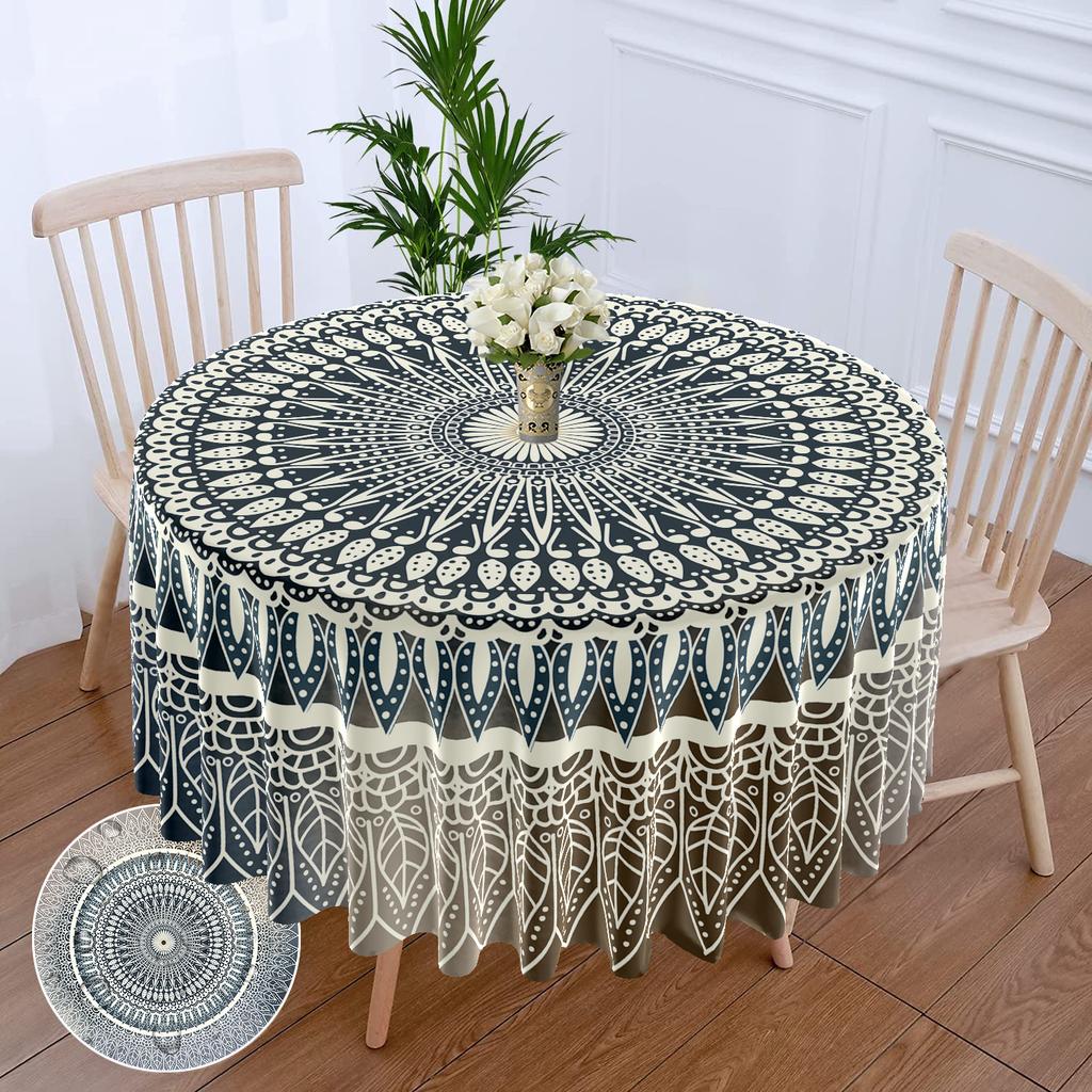 63 Inch Mandala Circular Tablecloth Waterproof Plain Terrace Dining Table Cover With Retro Pattern Tapestry Curtain Head Cover