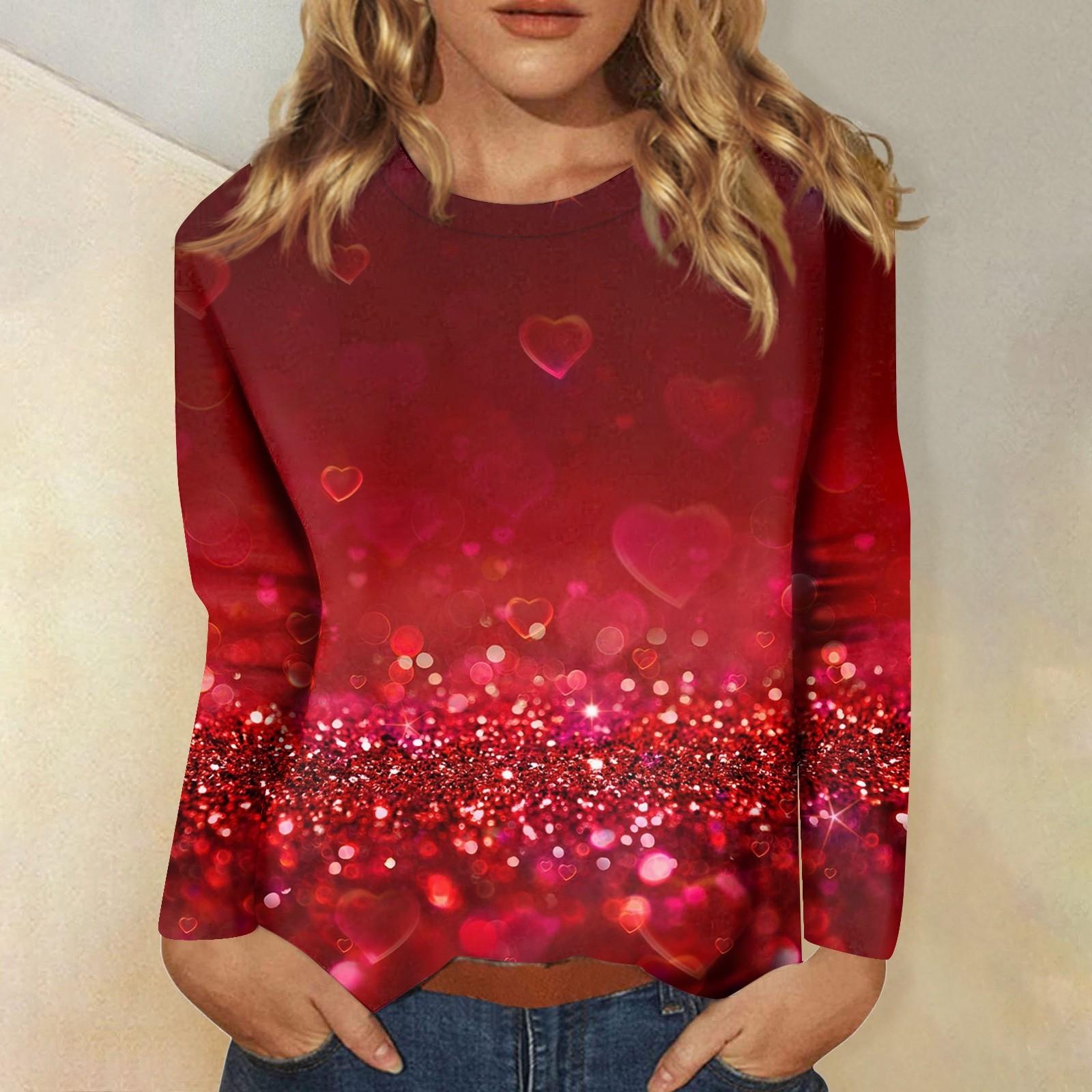 

Женская модная повседневная футболка с круглым вырезом и длинным рукавом, топ с принтом «День Святого Валентина и любовь» L винный