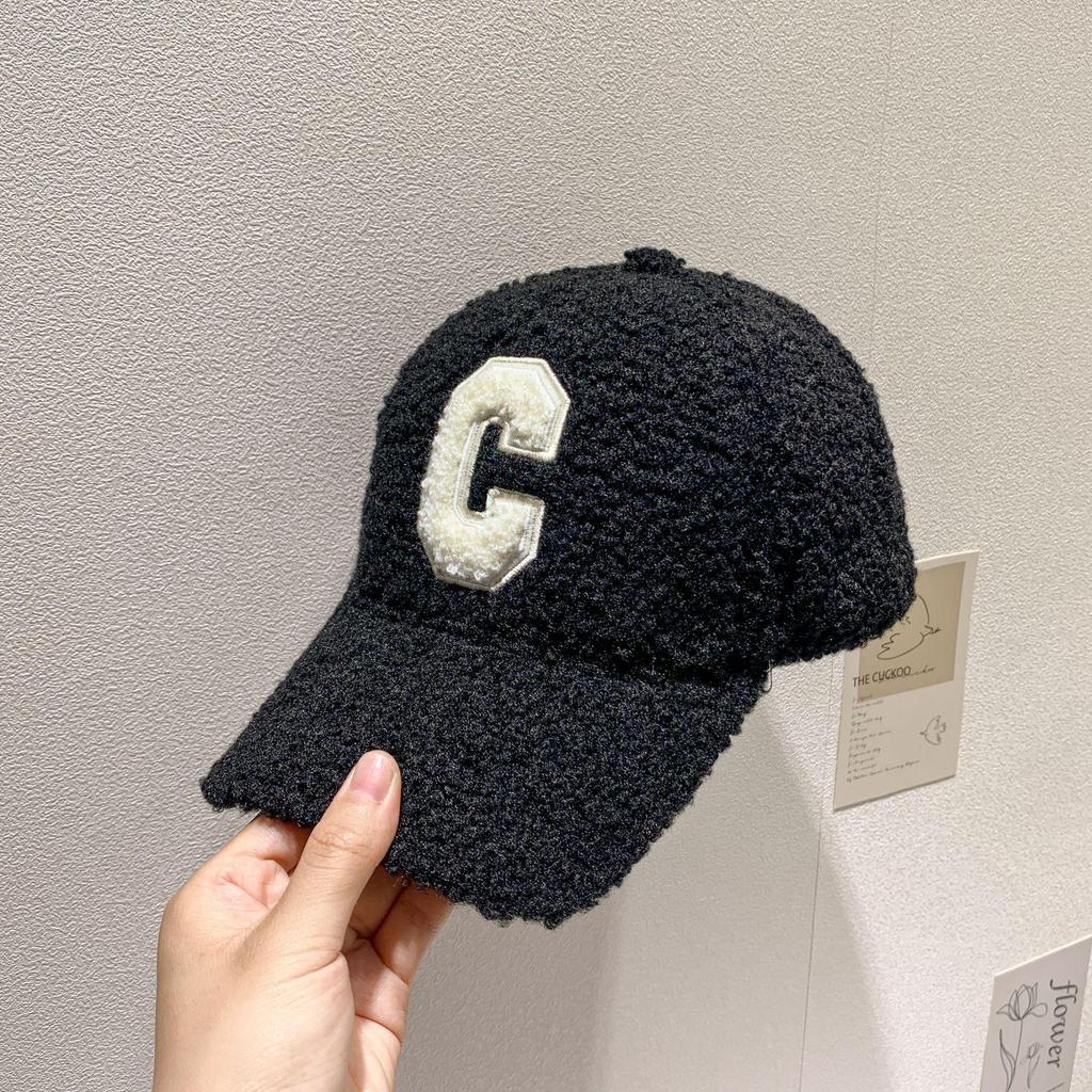 Women's Winter Lamb Wool Baseball Cap with Embroidered 'C', Duckbill Brim, Korean Style