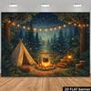 2D Flat Banner, Retro Tipi Tent Camping Backdrop, Starry Sky Pine Forest, Bonfire Scene, Fireflies String Lights