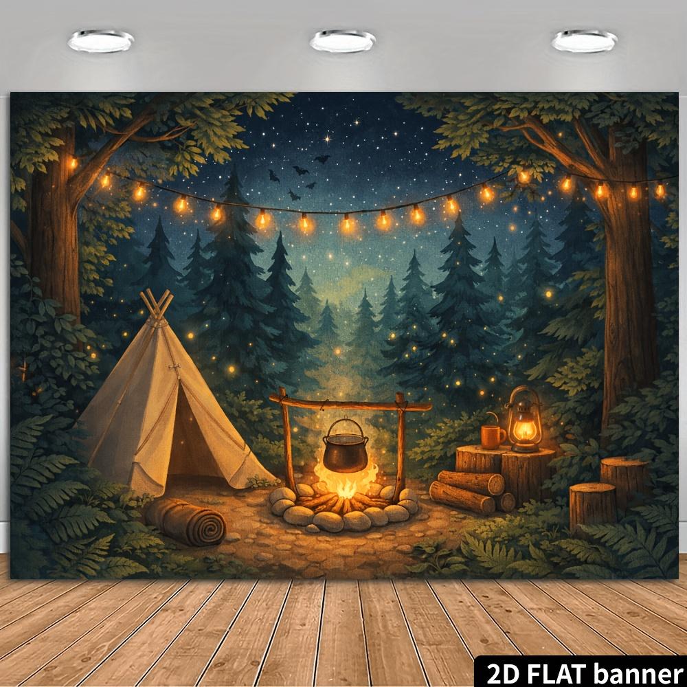2D Flat Banner, Retro Tipi Tent Camping Backdrop, Starry Sky Pine Forest, Bonfire Scene, Fireflies String Lights