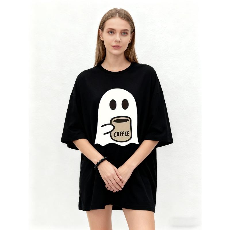 Oversized T Shirt Black Ghost Holding Coffee Cup Print Casual Everyday Wear