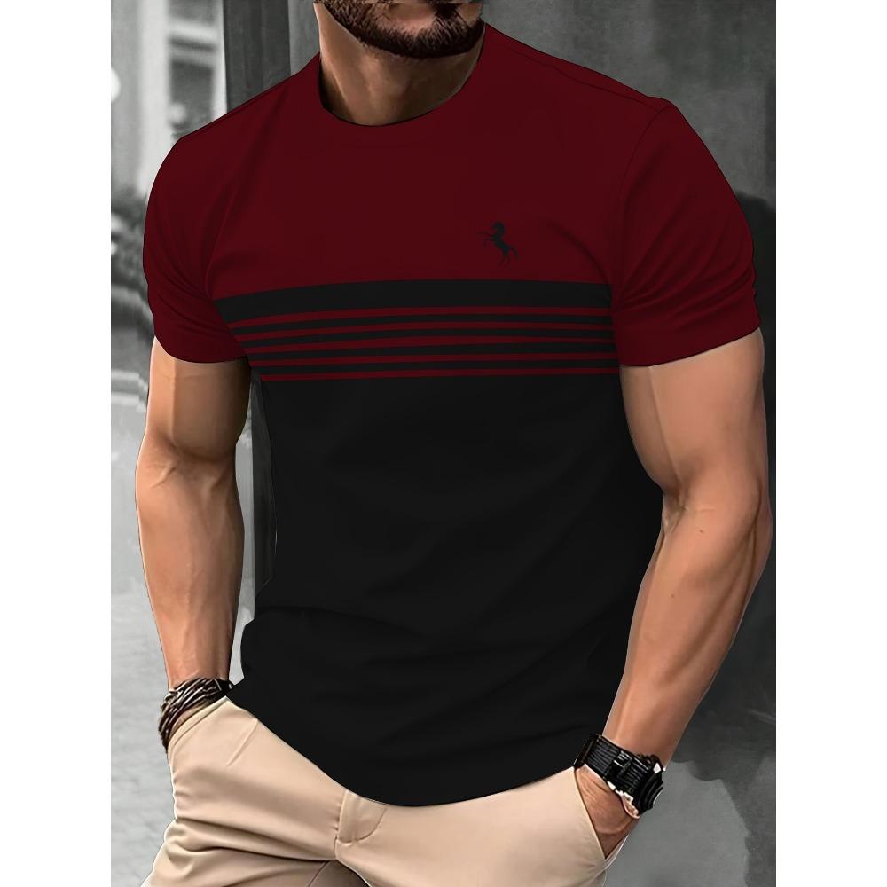 3D printed color striped men's T-shirt with anchor pattern short sleeved T-shirt