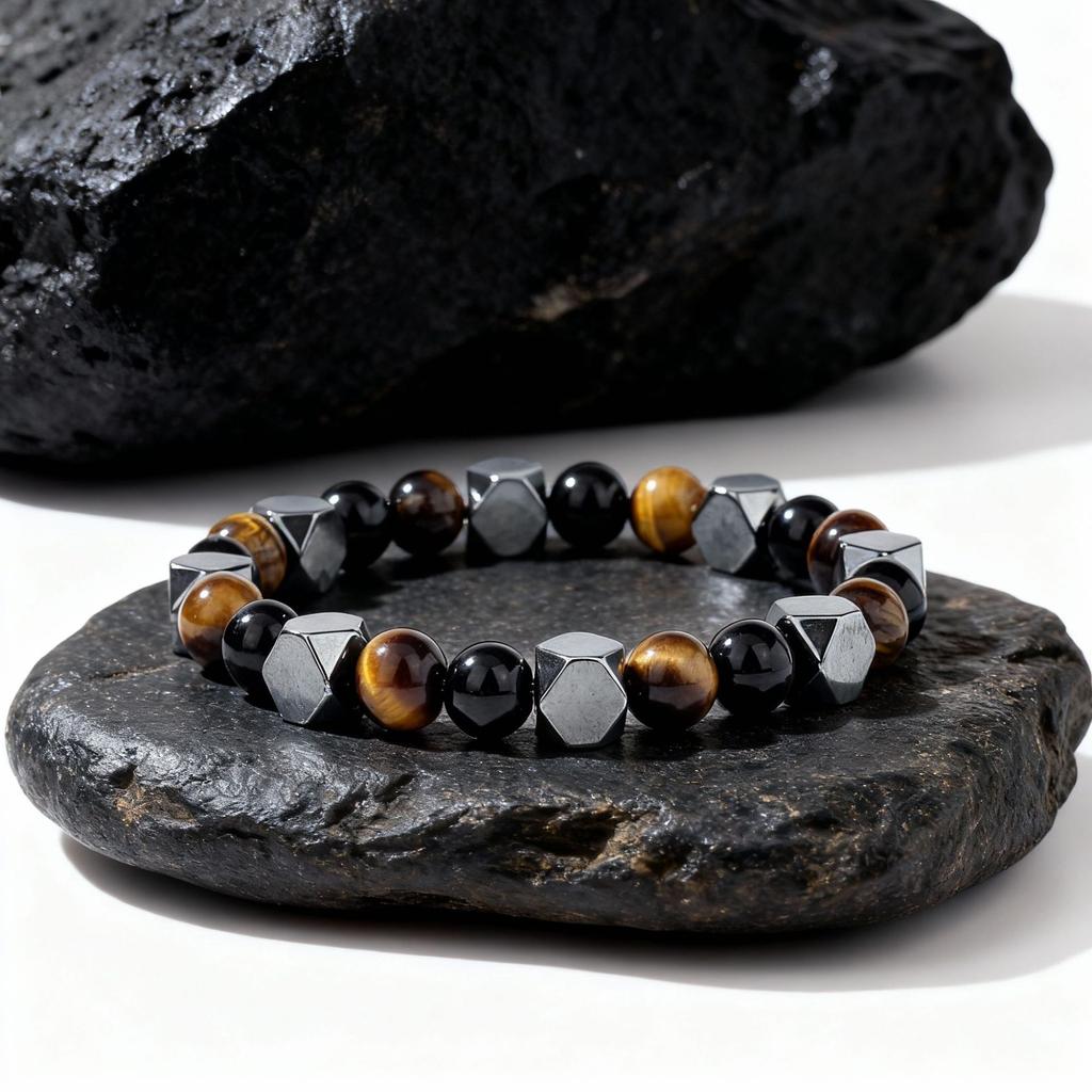 Festive Gifts Tiger Eye Black Onyx And Hematite Hexagonal Beaded Bracelet Bold Fashion Jewelry For Men Daily Wear Simple Versatile Accessory