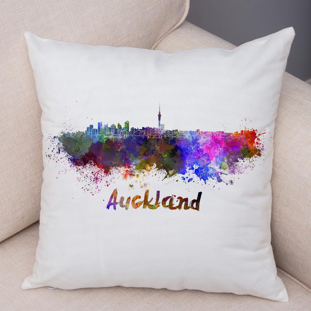 Watercolor City Skyline Cushion Cover Global Landmarks Art Print Soft Linen Living Room Bedroom Home Decor Pillow Case