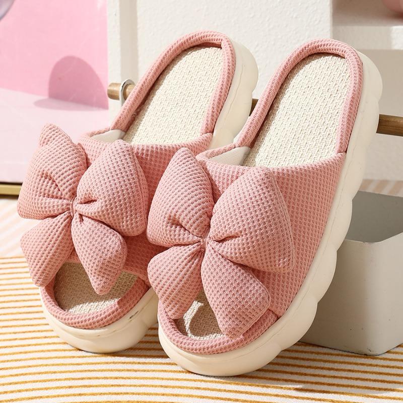 New Cotton and Linen Slippers Women's Large Size Bow Solid Color Home Floor Open Toe Linen Mop
