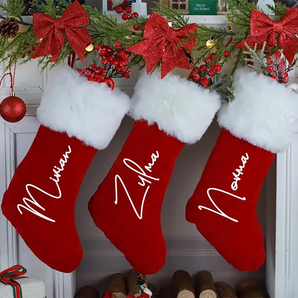 Custom Red Plush Christmas Stocking Knitted Family Christmas Candy Bag Red Plush Xmas Stocking Holiday Decor Santa Sack Kid Gift