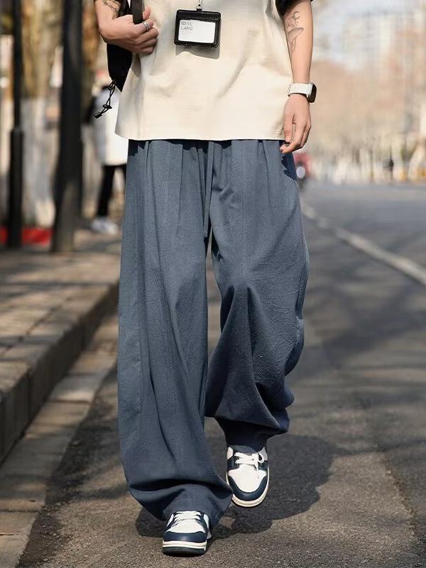 Japanese-Style Curved Blade Wide-Leg Trousers for Men, Spring/Autumn Season, Plus Size, Loose Fit, Straight Leg