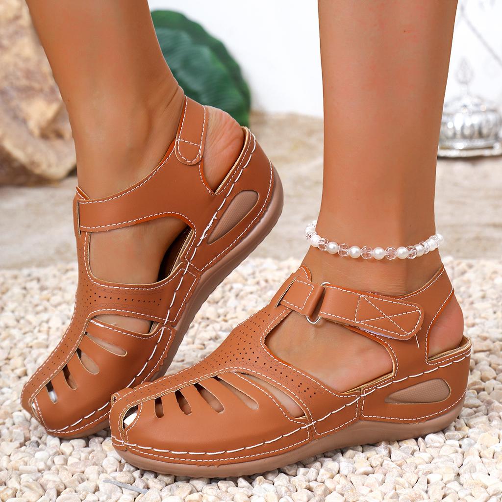 2025 new large size women's sandals, bag head hollowed out one-word wedge heel sewing bag laser process Rome