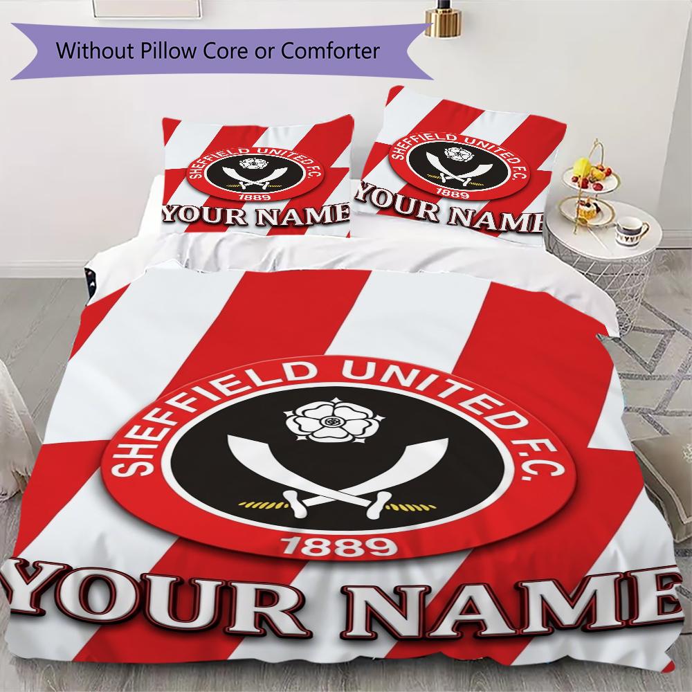 Benutzerdefinierter Name Sheffield United FC Muster Bettwäsche Steppdecke Set Steppdecke Bezug Kissenbezug Heimdekoration Geburtstagsgeschenk (1*Bettbezug+2*Kissenbezug ohne Füllung)