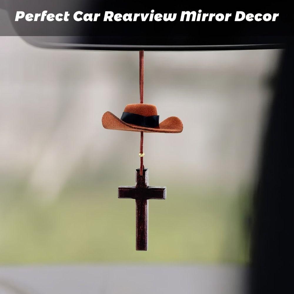 Love Cross Car Ornament Cowboy Hat Rearview Mirror Decoration Fashionable Accessories