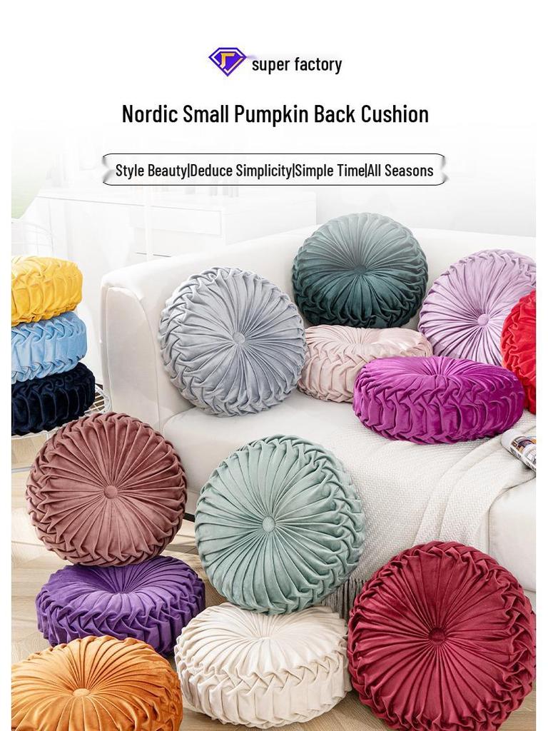 Velvet Pumpkin-Shaped Lumbar Pillow Cushion - Solid Color, Hand-Sewn.