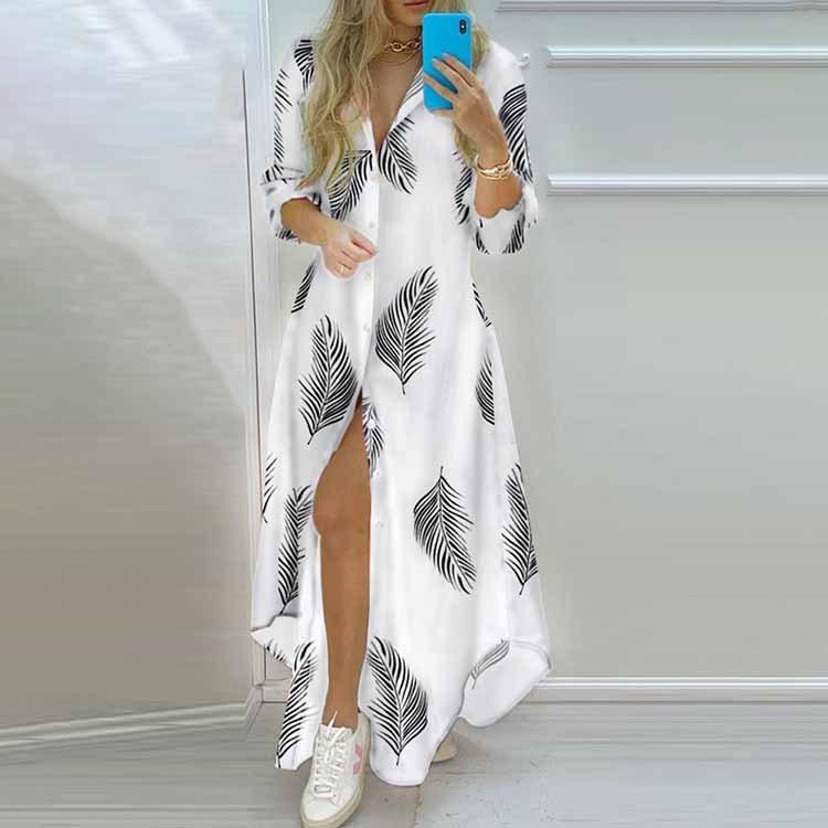 Women Long Sleeve Print Shirred Shirt Style Long Maxi Comfortable Dress Lightweight High Recognition Elegant with Flattering Chic Casual Dress