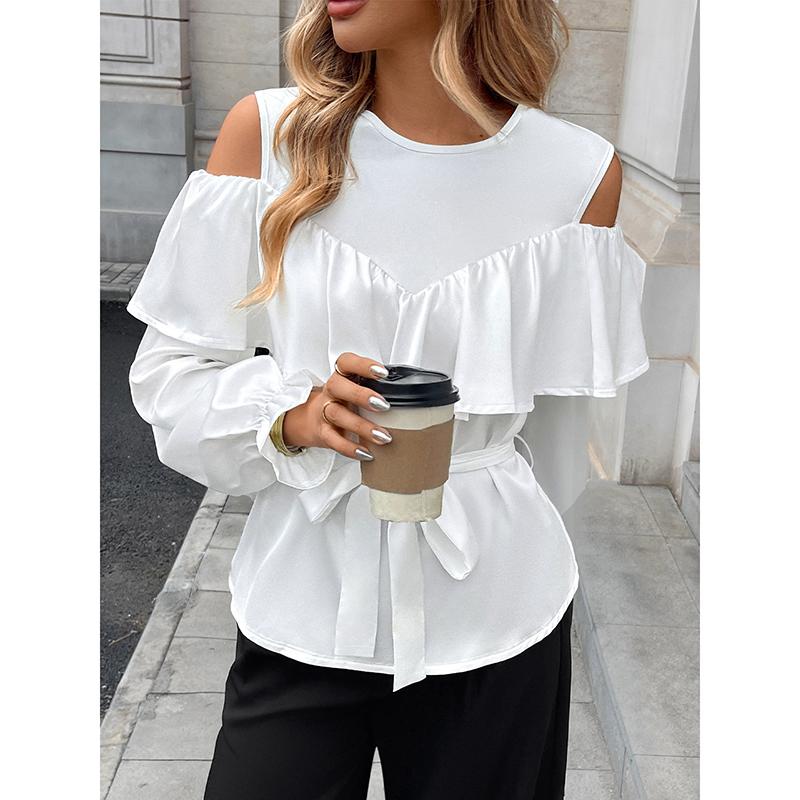 

New Spring Style Elegant Long-sleeved Ruffled Off-shoulder Strappy Round Neck Shirt Women s Tops XL білий