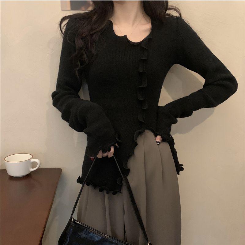 Asymmetric Long Sleeve Top Knit Base Layer for Women Autumn Thin Slim Fit Short Split Inner Wear Hot Girl Top