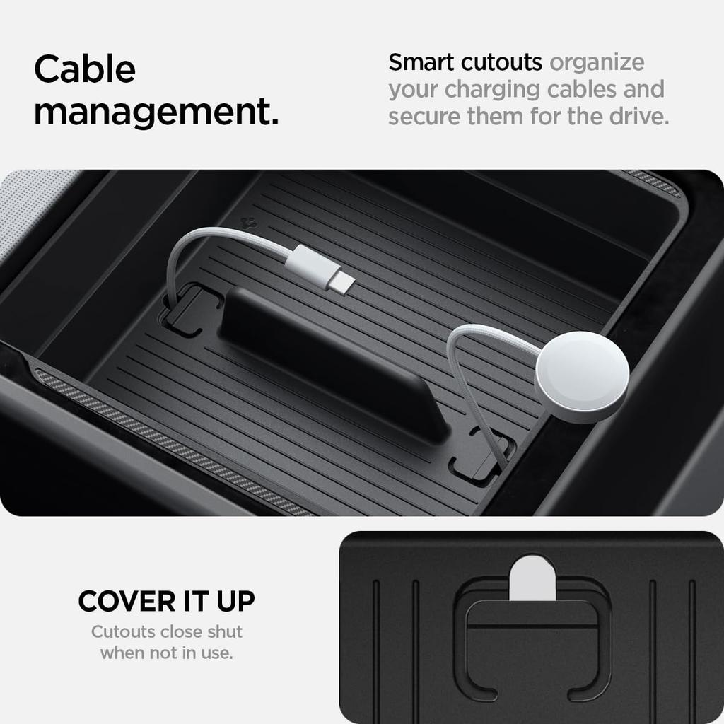 Spigen Armrest Console Organizer for Tesla Model Y Juniper and Tesla Model 3 Highland Carbon TO224H ACP07409 (2025) (2025/2024) Edition, (Black)