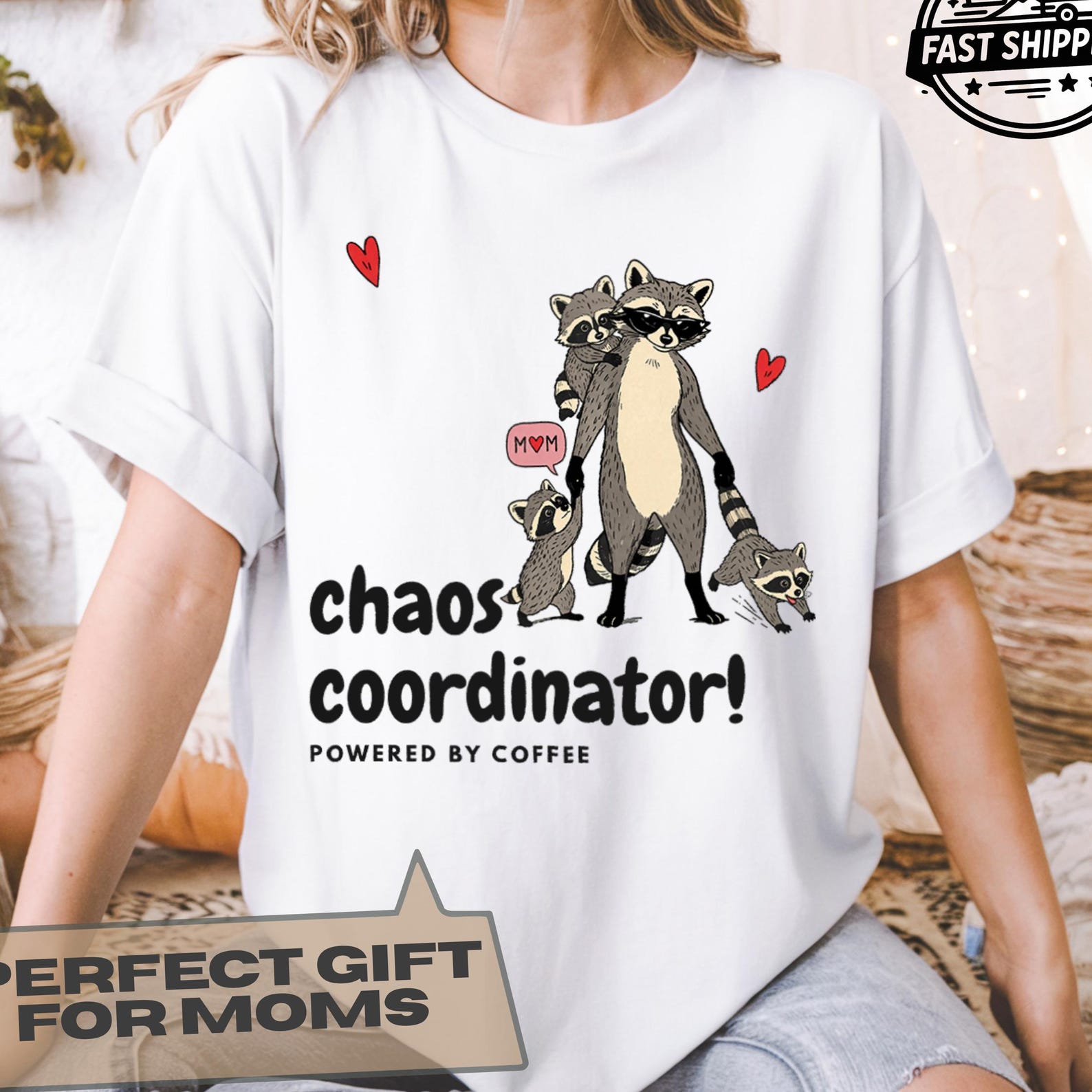 Chaos Coordinator Raccoon Shirt, Funny Mom Family Tee, Coffee Powered Parent Gift S