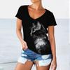 Summer V-neck 3D Printed Funny Cat Pattern Top Fashionable Casual Short Sleeved Women's T-shirts