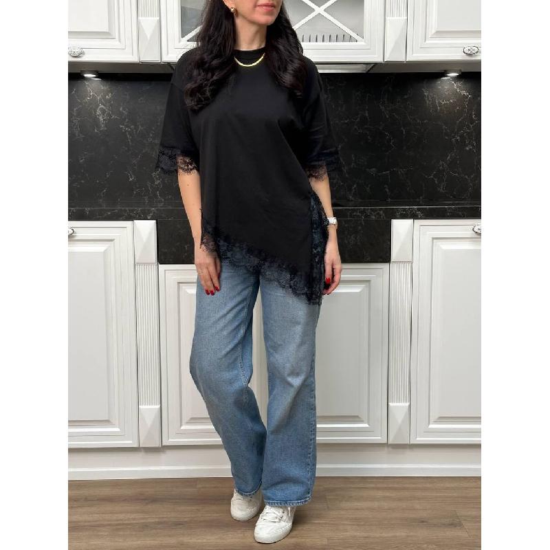 Women's 2026 New Fashion Casual Round Neck Lace Patchwork Solid Color Loose Short Sleeve T-Shirt