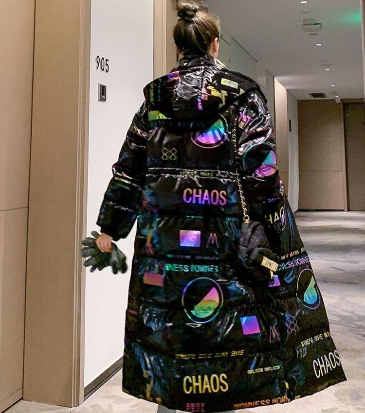 

Зимнее теплое и удобное длинное хлопковое пальто свободного кроя с красивым принтом для женщин XL чёрный