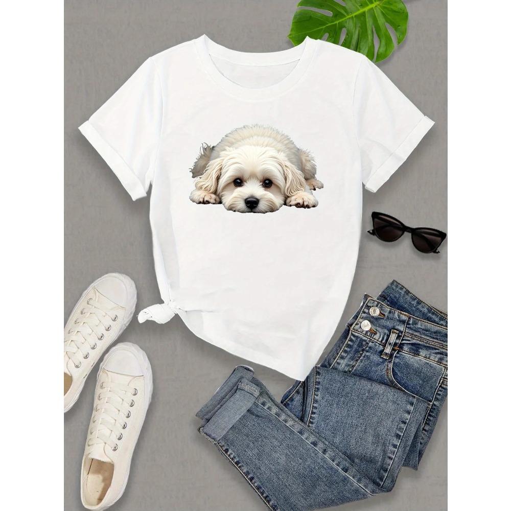 Women's Casual Sleeve O-Neck T-Shirt - Cute Maltese Dog Print Vibrant Green Medium Stretch Women's Harajuku Sleeve Casual