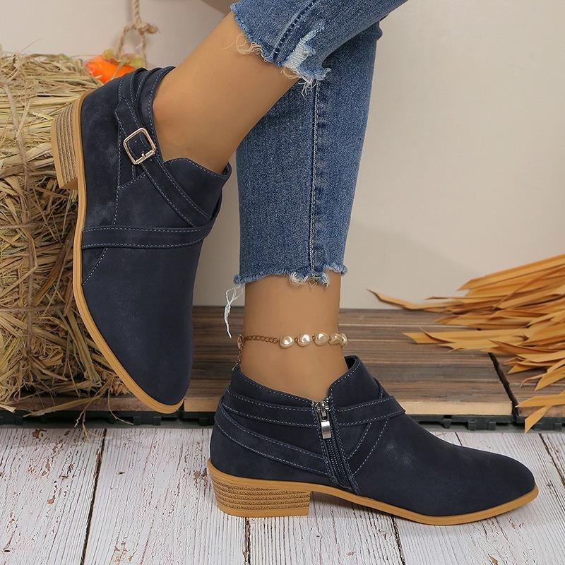 New Large-sized Ankle Boots with Buckle Side Zipper Women's Leather Shoes