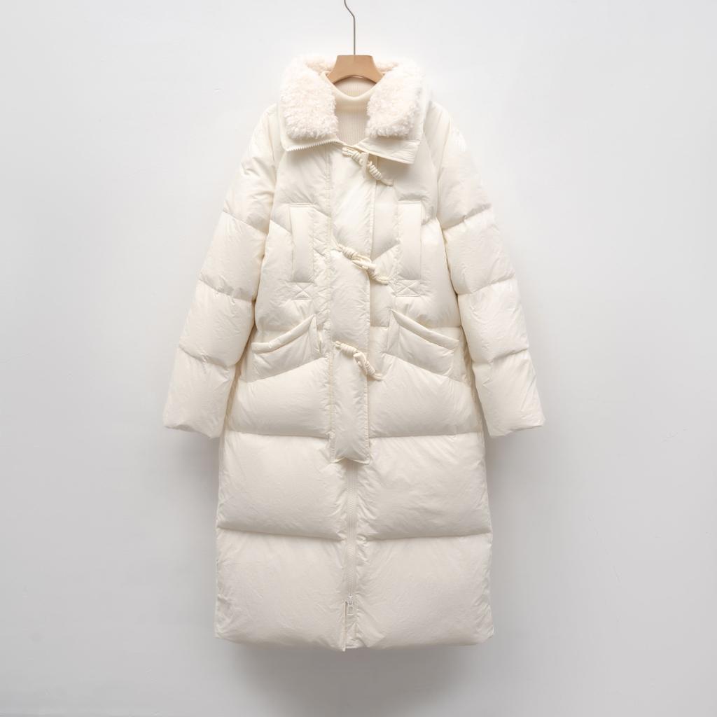 Long Down Jacket Women's New Winter Simple Fur Collar Thickened Loose Knee Jacket Tide