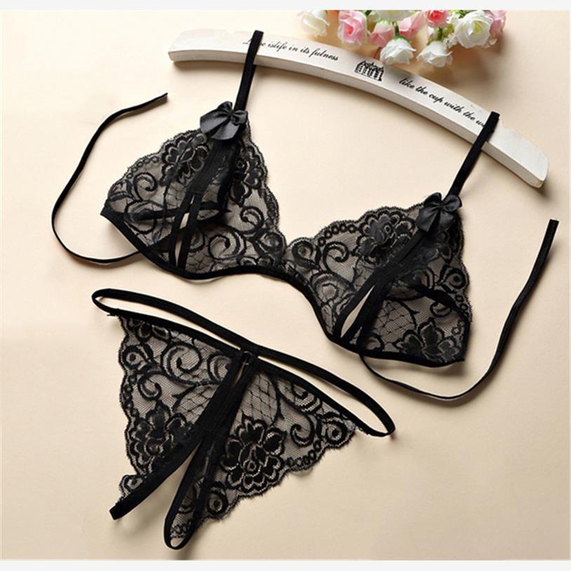 Open crotch free three-point two-piece set erotic lace underwear panties female sexy passion thong