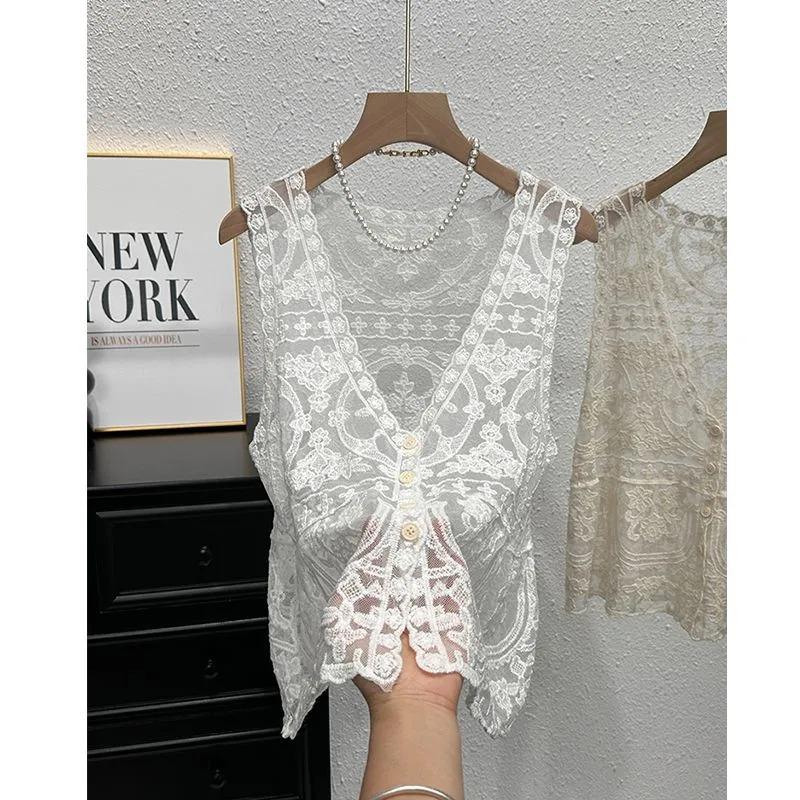 Летний женский кружевной топ без рукавов с V-образным вырезом, на пуговицах, вязаный крючком S белый