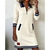 Women S Casual Long Sleeve Turn Down Collar Color Block Dress With Zipper Pocket