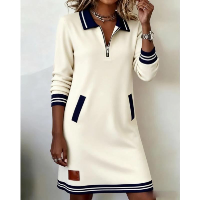 Women S Casual Long Sleeve Turn Down Collar Color Block Dress With Zipper Pocket