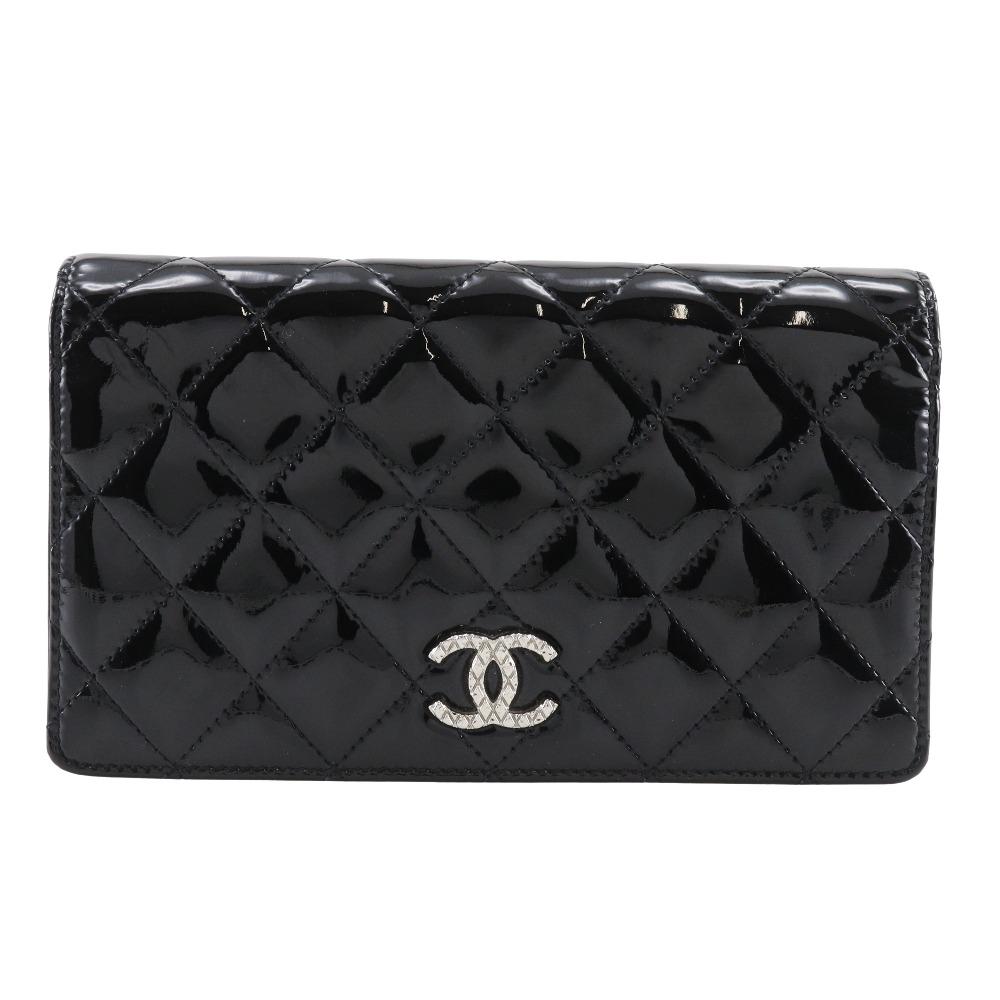 Chanel Matelasse Brilliant Purse A48691 Two-fold Long Wallet Black Enamel Women Used