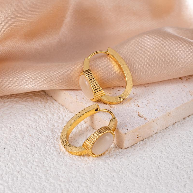 High-end Geometric Stainless Steel Stud Earrings with Imitation Blue Turquoise Cat's Eye