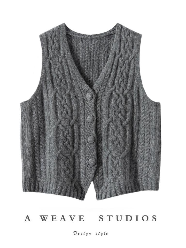 Women's 100% Pure Cashmere Thickened V-neck Cable Knit Cardigan Vest for Autumn/Winter