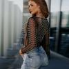 Women's Sexy See Through Lace Shiny Diamonds Inner Mesh Long Sleeve Top