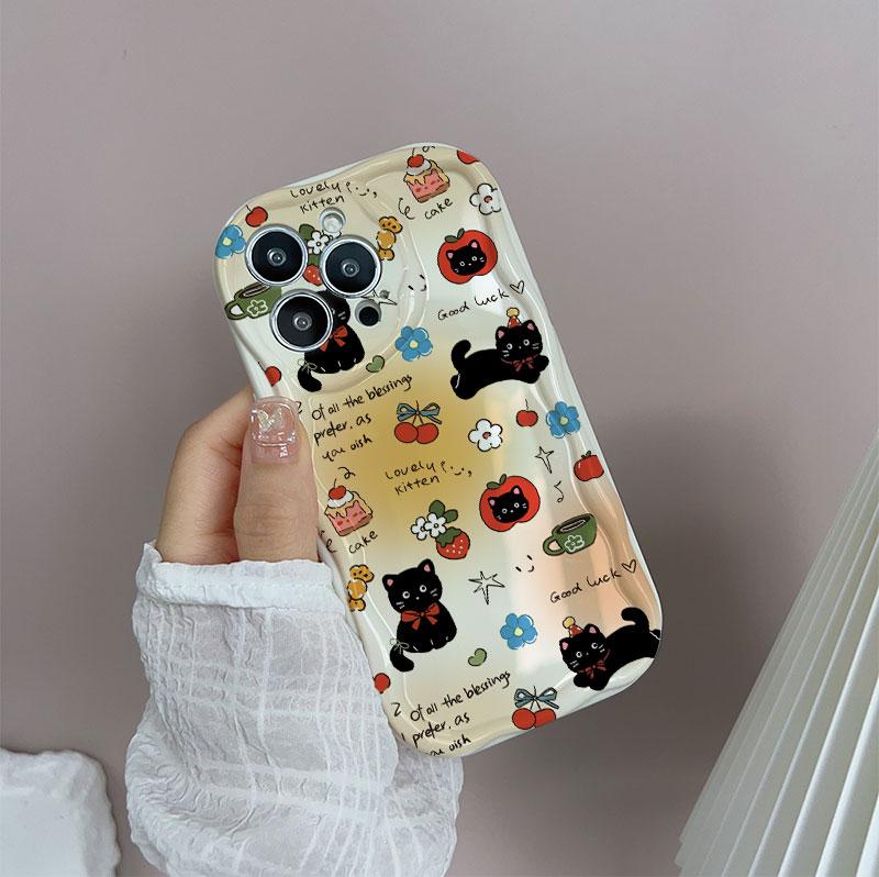 Cute Cat With Apple Fruit Chain Case For Google PIXEL 7 8 9 10 Pro XL 7A 8A Soft Silicone Wave Side Cartoon Cover