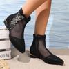 Fashion Luxury Glitter Flower Breathable Mesh Boots Women 2025 Summer Sexy Pointed Toe Low Heel Ankle Boots Side Zip Black Booties