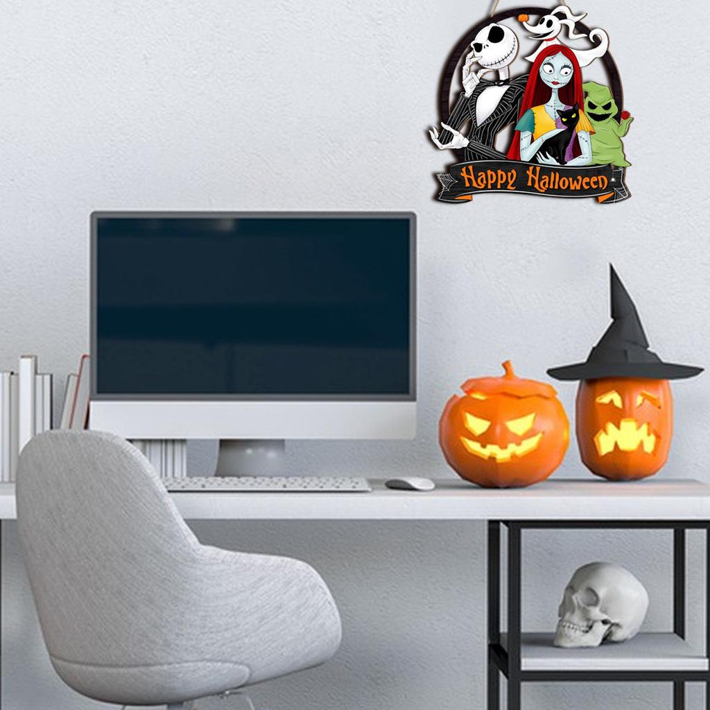 Halloween Wooden Door Sign Cartoon Midnight Decoration, Happy Halloween Wreath Funny Pumpkin  Hanging