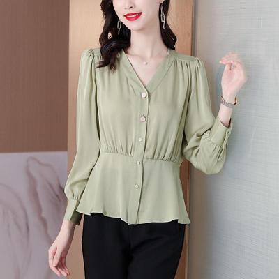 2023 Women's V-Neck Satin Silk Long Sleeve Top - Autumn Fashion Slim Waist Design