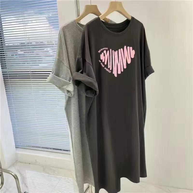 YYFS Women's Fashion Summer Spring Love Letter Print 1/2 Sleeves O-Neck Loose Waistline Casual Dresses