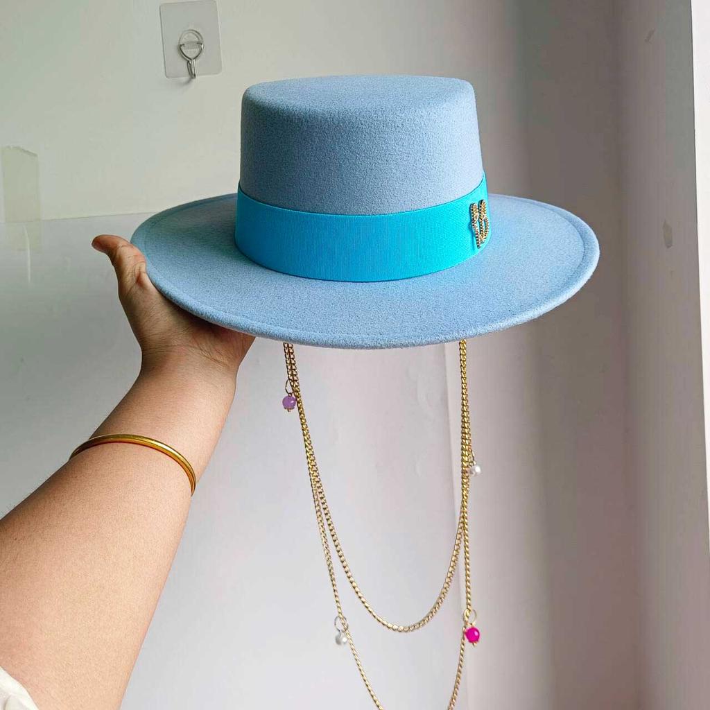 Double Chain Strap Hat Flat Top Fedora French Women's Autumn and Winter Women's Wide Brim Hat  Sombrero Hombre