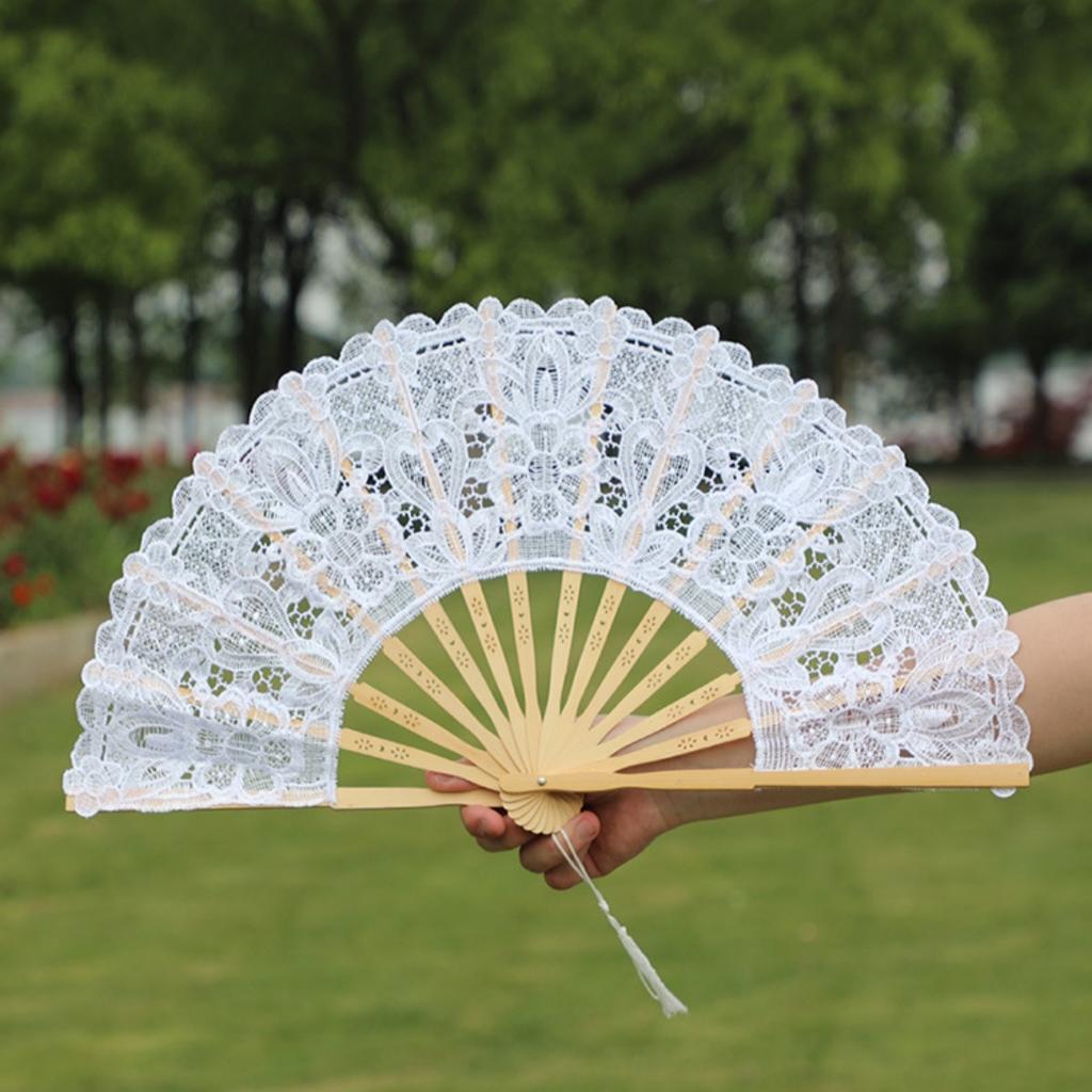 Lace Bamboo Hand Fan Romantic Embroidered Bamboo Fan Floral Lace Hand Fan Elegant For Weddings Summer Outings Cosplay