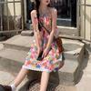 Cartoon floral suspender dress women's summer sweet Mori idyllic summer dopamine seaside dress