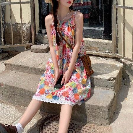 Cartoon floral suspender dress women's summer sweet Mori idyllic summer dopamine seaside dress