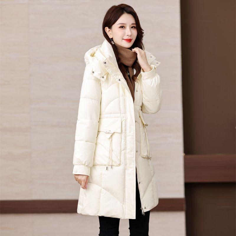 Winter Women Medium To Long Cotton Jacket Thickened Warm Casual Stand Collar Hooded Parker Coat Solid Color Warm Cotton Jacket