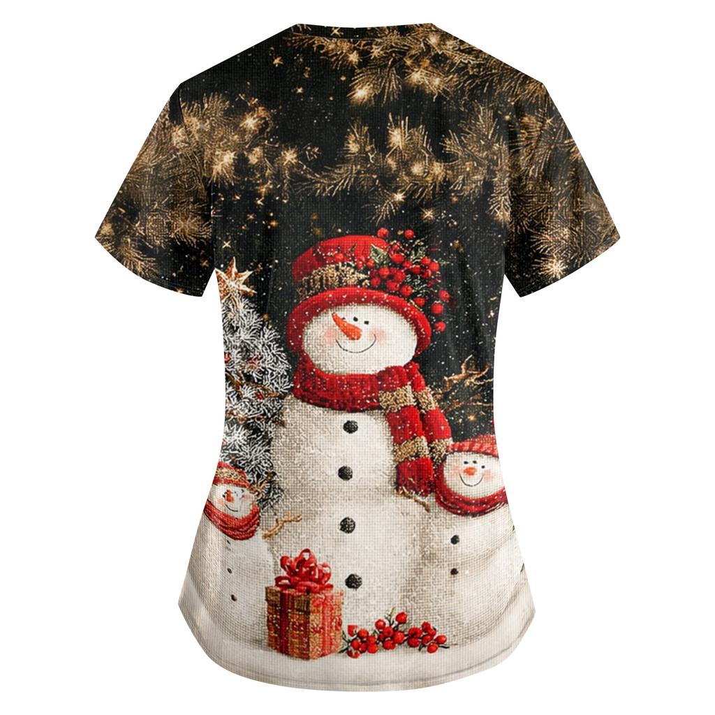 Women's Christmas Print Loose Fit V-Neck Short Sleeve Scrub Top with Pockets for Work
