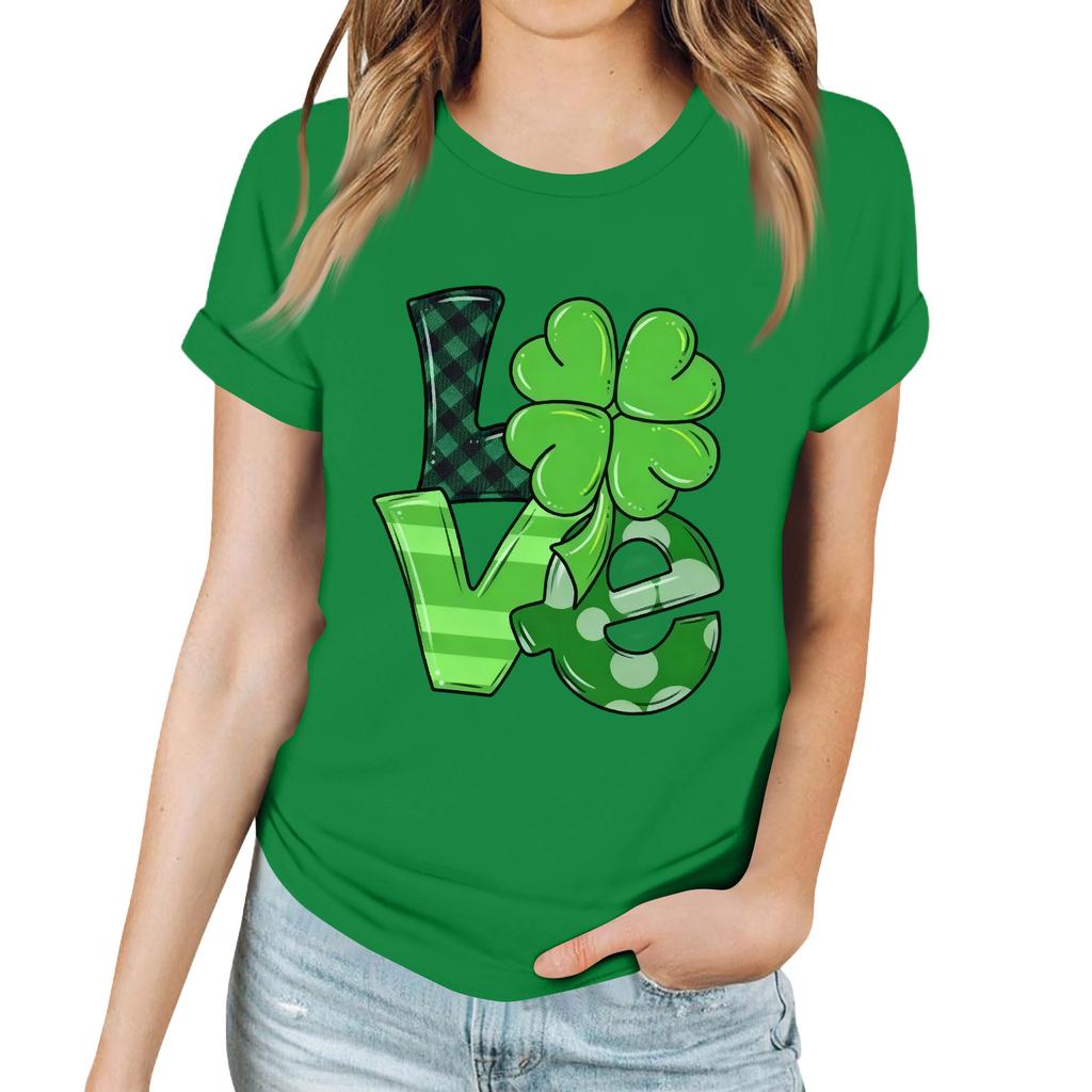 Women's Casual Saint Patrick Print T-Shirt Round Neck Pullover Short Sleeve Top