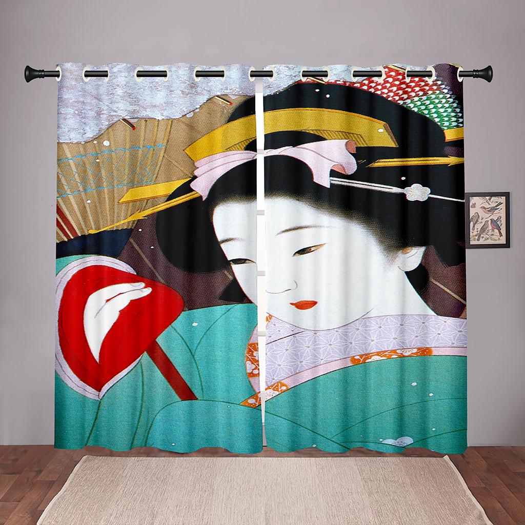 

Japanese Traditional Woman Geisha Girl Checkerboard Window Panel Drapes Children Bedroom Space Living Room Hall Treatments Kitchen Decor Drape W50 X H130(CM)X2&Grommet Top