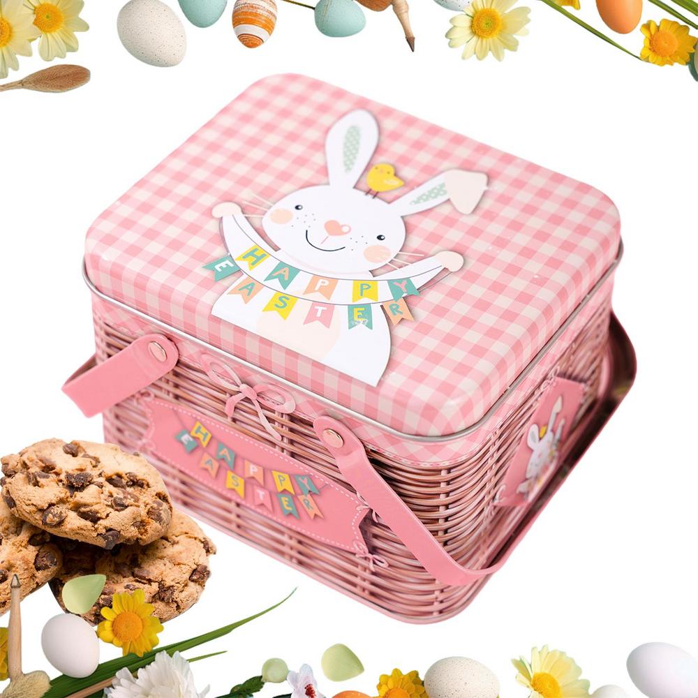Cookie Tins With Lids Metal Storage Basket With Handle Rabbit Pattern Easter Cookie Boxes For Storage Food Jewelry Spring