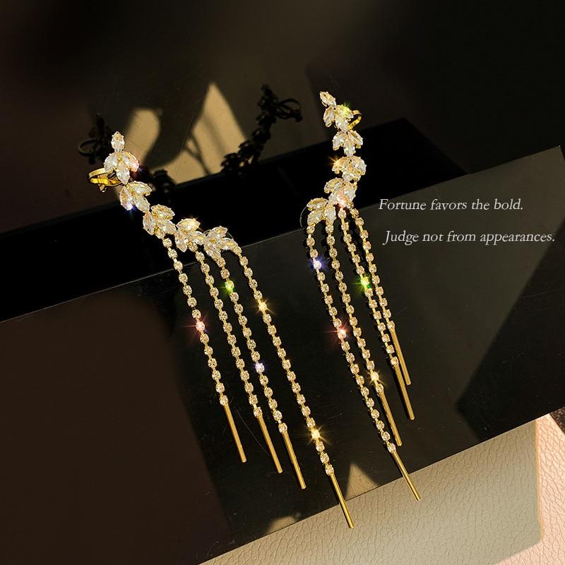 

Женская серьга-кисточка с циркониевым листом, интегрированная клипса для уха